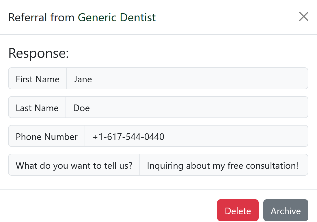 An image depiction showing the UI that appears when you recieve a referral. A generic dentist is the referrer, and the referral UI shows a referral made by someone named 'Jane Doe'.